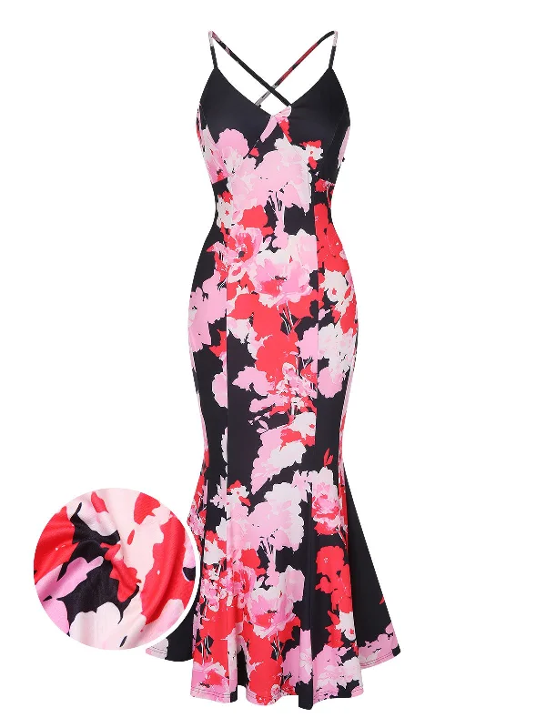 Strapless Women Dress with a Built - in Bra for Comfort and SupportPink 1930s Spaghetti Strap Floral Mermaid Dress