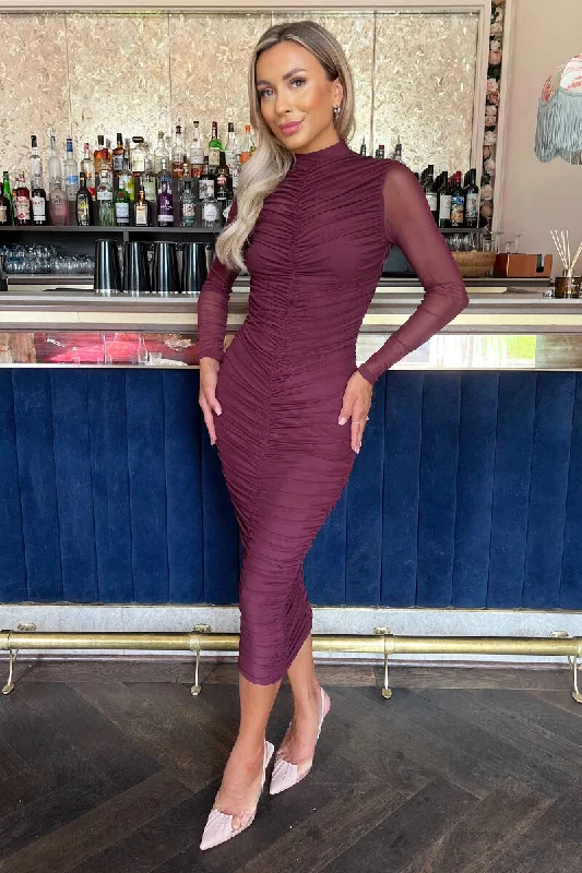 Mermaid - Style Women Dress with a Fitted Silhouette for Special OccasionsPlum High Neck Long Sleeve Ruched Bodycon Mesh Midi Dress