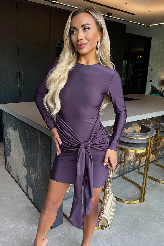 Ruffled Women Dress with Multiple Layers for a Playful and Girly StylePlum Slinky Long Sleeve Sash Bodycon Mini Dress