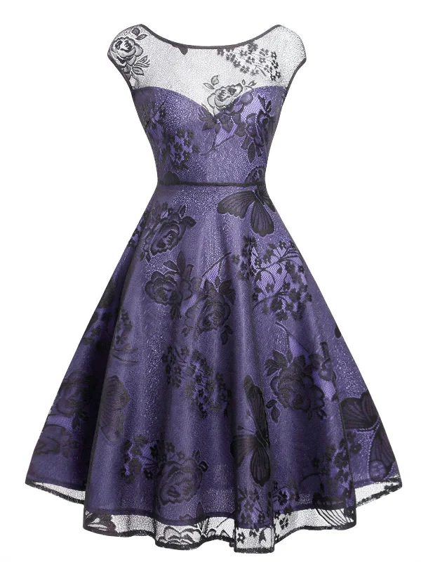 Sheath Women Dress with a Tailored Fit for a Professional LookPurple 1950s Mesh Floral Swing Dress