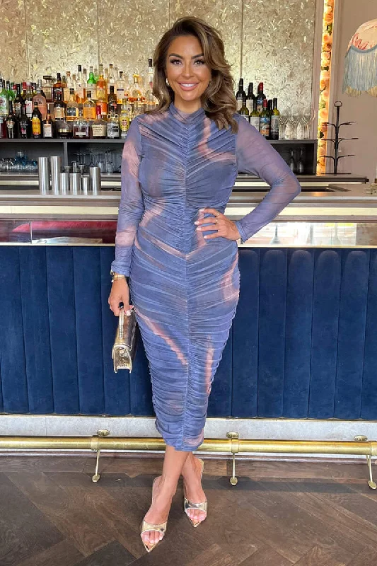 Printed Abstract Women Dress for a Modern and Artistic AppealPurple Tie Dye Print High Neck Long Sleeve Ruched Midi Dress