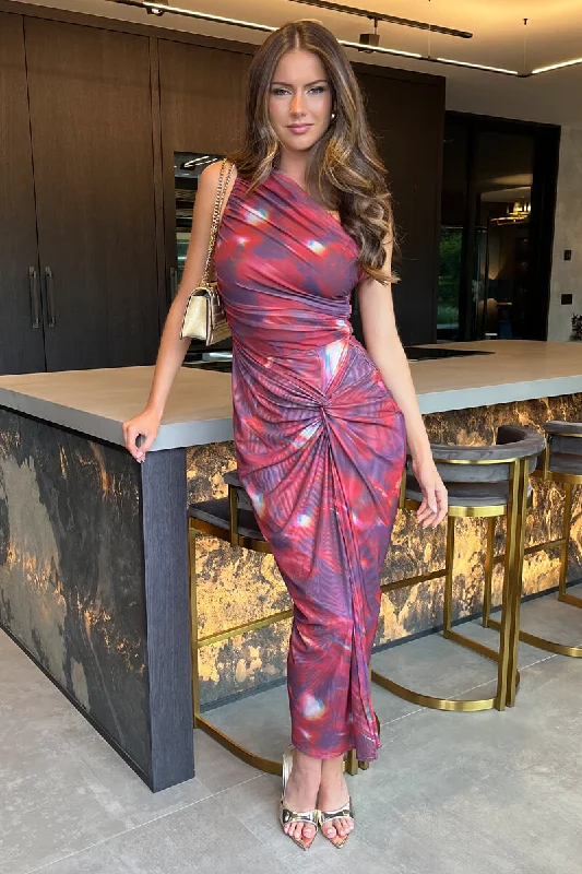 Mermaid - Style Women Dress with a Fitted Silhouette for Special OccasionsRed Tie Dye Print One Shoulder Knot Skirt Mesh Midi Dress