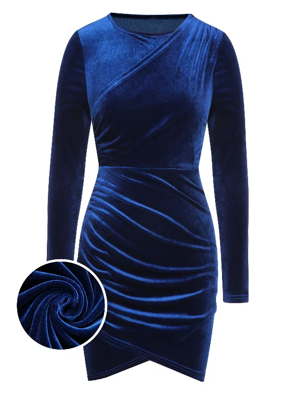 Halter Neck Women Dress to Show Off the Shoulders and NecklineRoyal Blue 1960s Solid Long Sleeve Velvet Dress