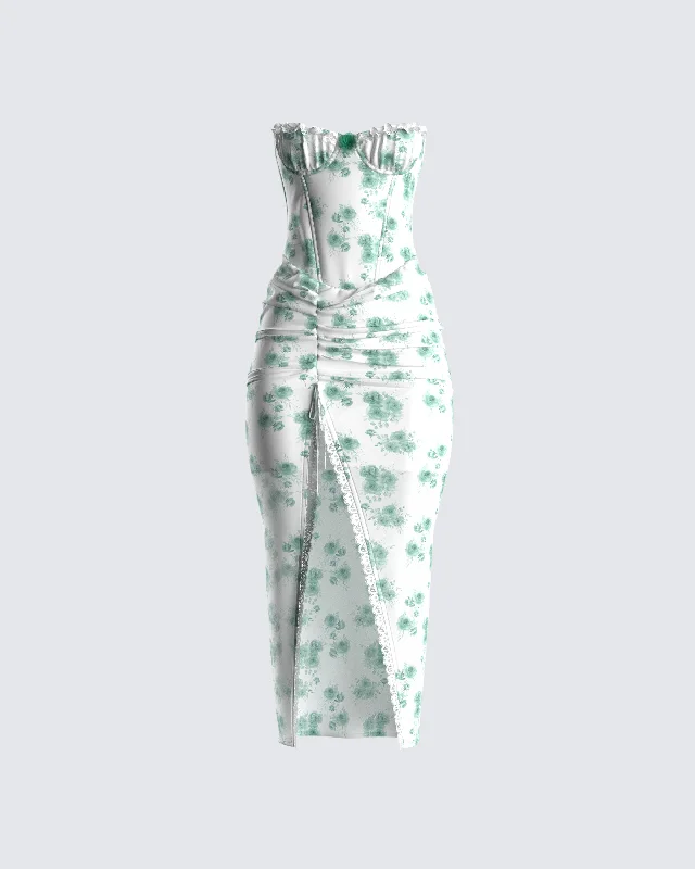 Pleated Women Dress with a Timeless and Elegant TextureSilvia Green Print Corset Dress