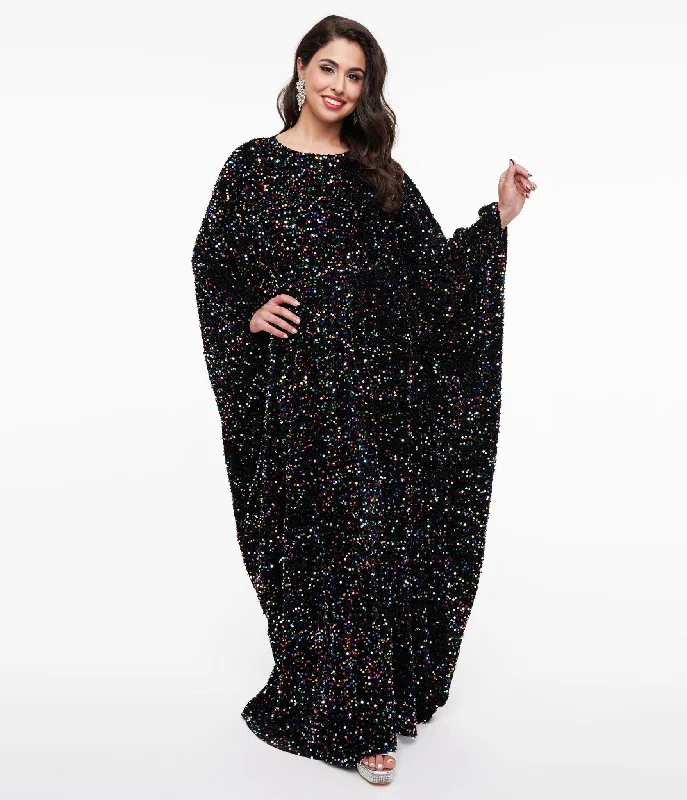 Off - the - Shoulder Women Dress for a Romantic and Feminine LookSmak Parlour 1970s Black & Multicolor Sequin Batwing Caftan