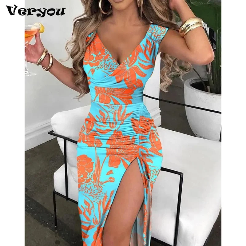 Sheath Women Dress with a Tailored Fit for a Professional LookSummer V-Neck Vintage Flower Print Dress