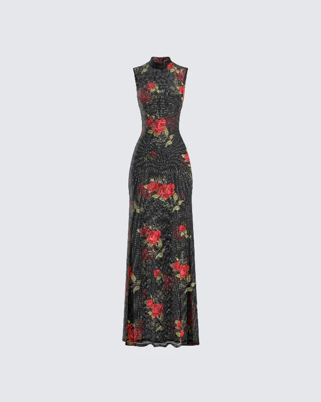 Off - the - Shoulder Women Dress for a Romantic and Feminine LookTata Rose Print Mesh Maxi Dress