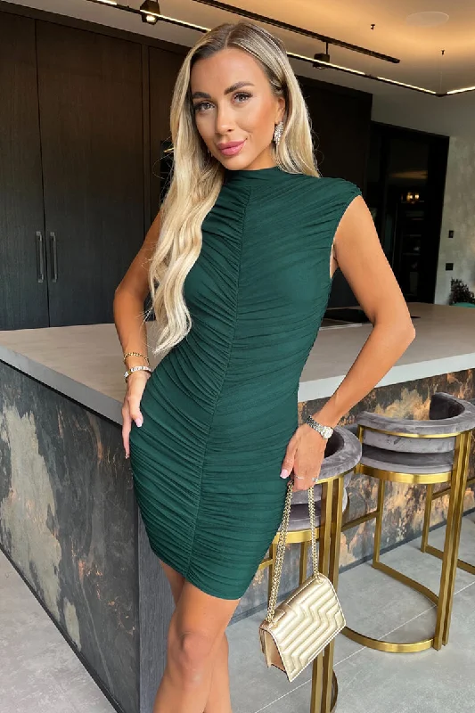 Backless Women Dress for a Sexy and Alluring Look at Evening EventsTeal High Neck Bodycon Ruched Mesh Mini Dress