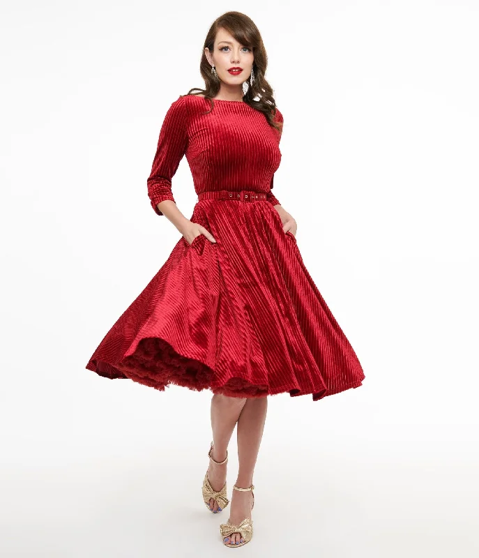 Pleated Women Dress with a Timeless and Elegant TextureUnique Vintage 1950s Burgundy Textured Velvet Devon Swing Dress