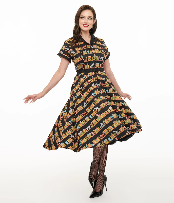 Little Black Women Dress with Sequins for a Glamorous Night OutUnique Vintage 1950s Cat & Bookshelf Print Alexis Swing Dress