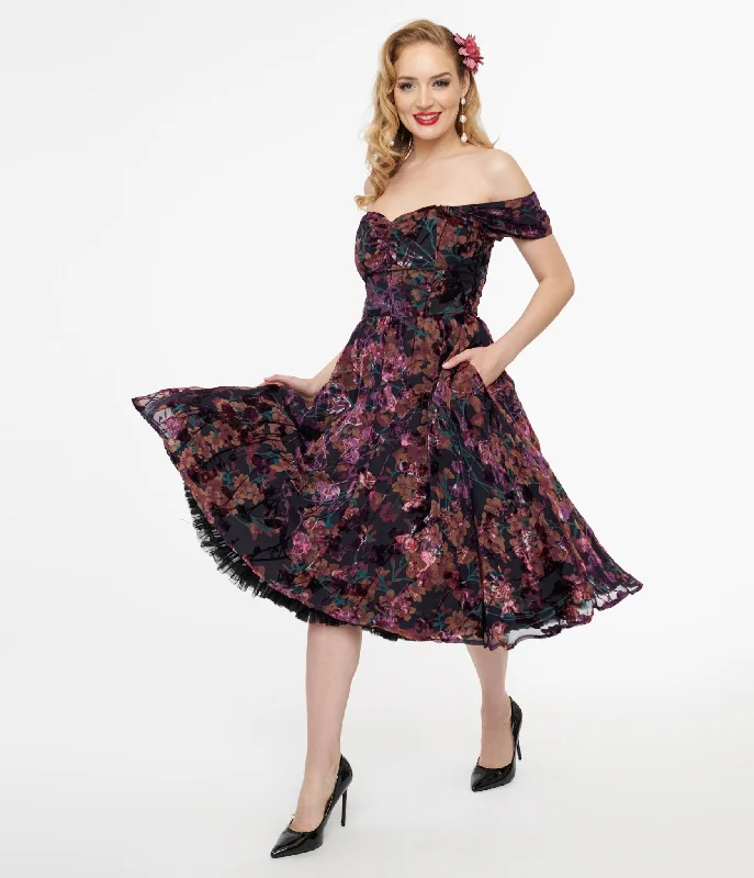 Lace - Embellished Women Dress for an Elegant and Sophisticated AppearanceUnique Vintage 1950s Purple Floral Velvet Burnout Off Shoulder Flare Dress