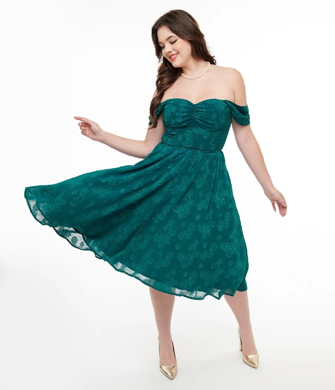 Strapless Women Dress with a Built - in Bra for Comfort and SupportUnique Vintage 1950s Teal Jacquard Off Shoulder Flare Dress