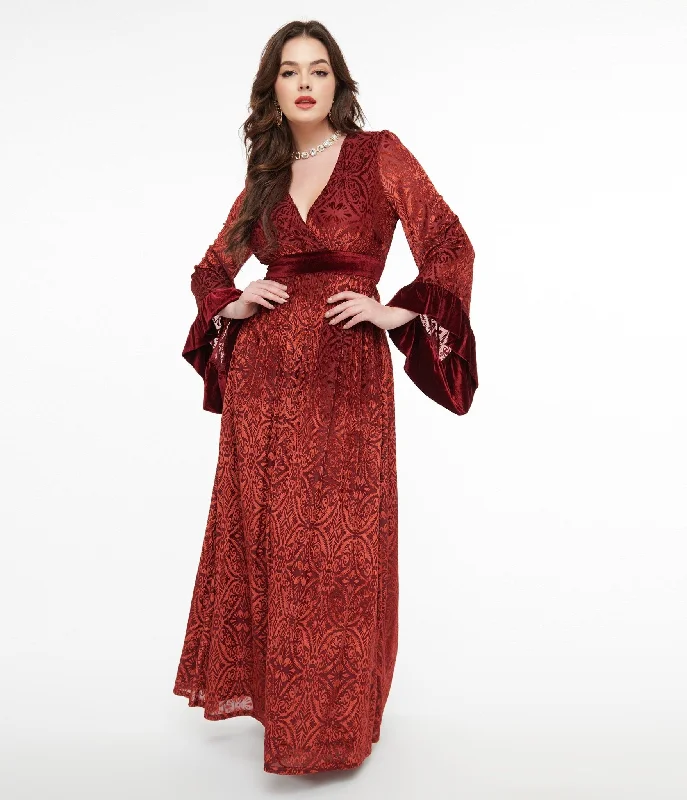 Sheath Women Dress with a Tailored Fit for a Professional LookUnique Vintage 1970s Burgundy Velvet Burnout Maxi Dress