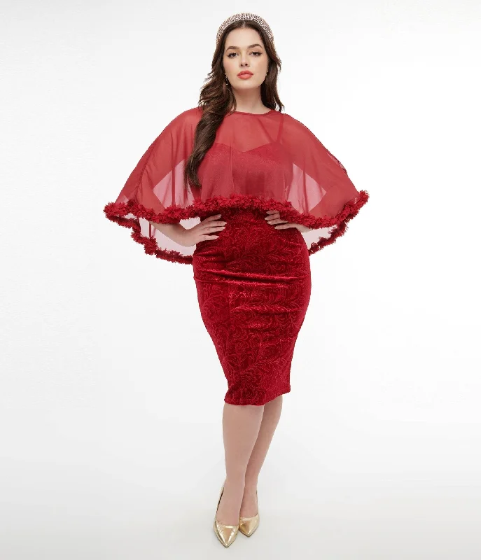 Off - the - Shoulder Women Dress for a Romantic and Feminine LookUnique Vintage 1960s Red Velvet Ruffle Capelet Wiggle Dress