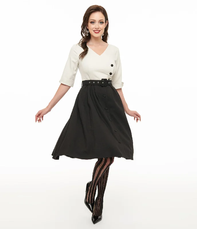 Wrap - Style Women Dress with Adjustable Fit for All Body TypesVoodoo Vixen 1950s White & Black Button Swing Dress