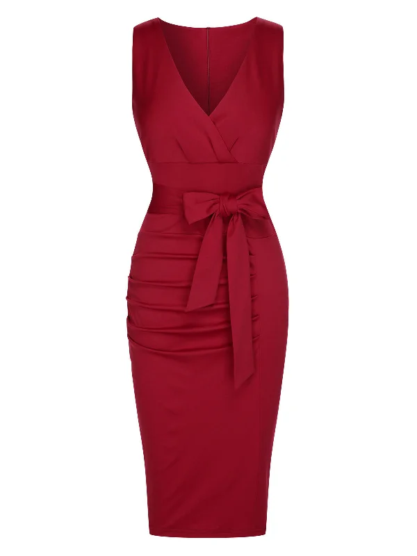 Ball Gown Women Dress with a Full Skirt for a Princess - like LookWine Red 1960s Solid Bow Belt Wrap Dress