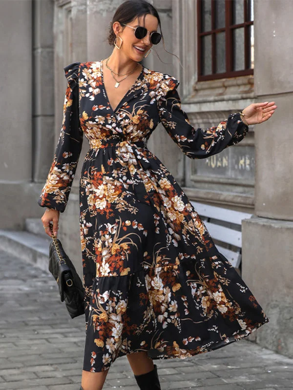 Shift Women Dress with a Simple and Classic Design for Everyday WearWomen's Ruffle Belt Printed Autumn Dress