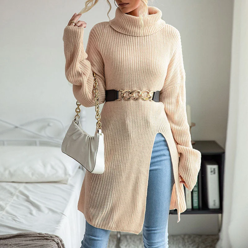 Long - Sleeve Women Dress in Velvet for a Luxurious Winter LookWomen's Solid Color Slit Long Sleeve Turtleneck Sweater Dress