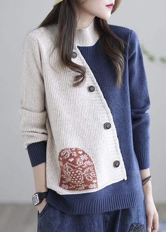 Mock Neck Women's Alpaca Wool Sweaters in Earth TonesBeige Blue Print Loose Knitted Tops button Spring