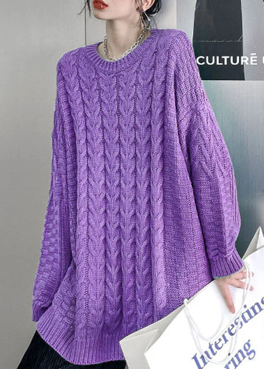 Plus Size Women's Belted Cable Knit SweatersCasual Purple O-Neck cable knit sweaters Loose Fall Sweater