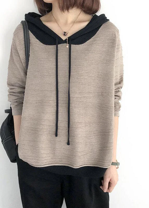 Women's Long Sleeve Turtleneck Cashmere SweatersLuxury Khaki hooded drawstring Patchwork Fall Knit Sweatshirts Top