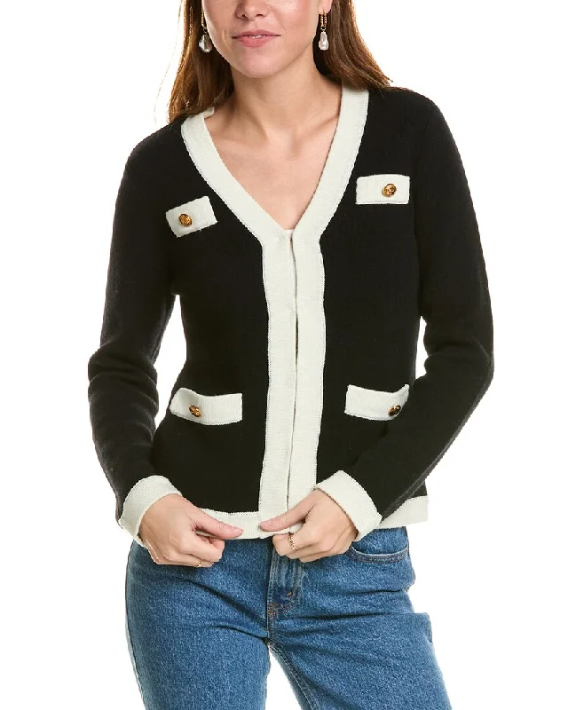 Plus Size Women's Belted Cable Knit Sweaterssofiacashmere Contrast Trim Wool & Cashmere-Blend Cardigan