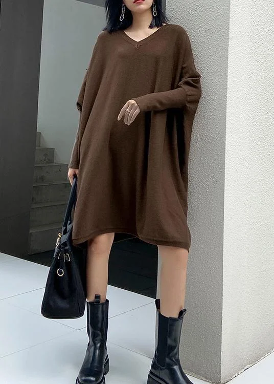 Bell - Sleeve Women's Mohair - Wool Blend SweatersWinter v neck Batwing Sleeve Sweater weather Women chocolate Largo knitted dress