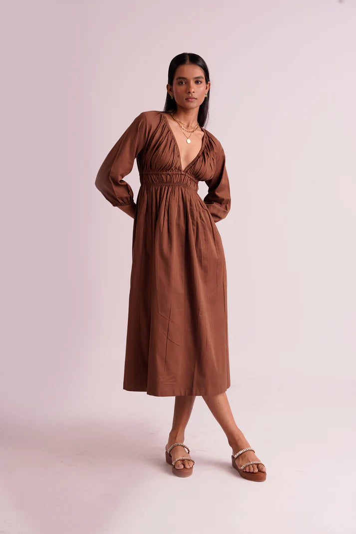 Pleated Women Dress with a Timeless and Elegant TextureBrown 100% Linen Women's Work Dress