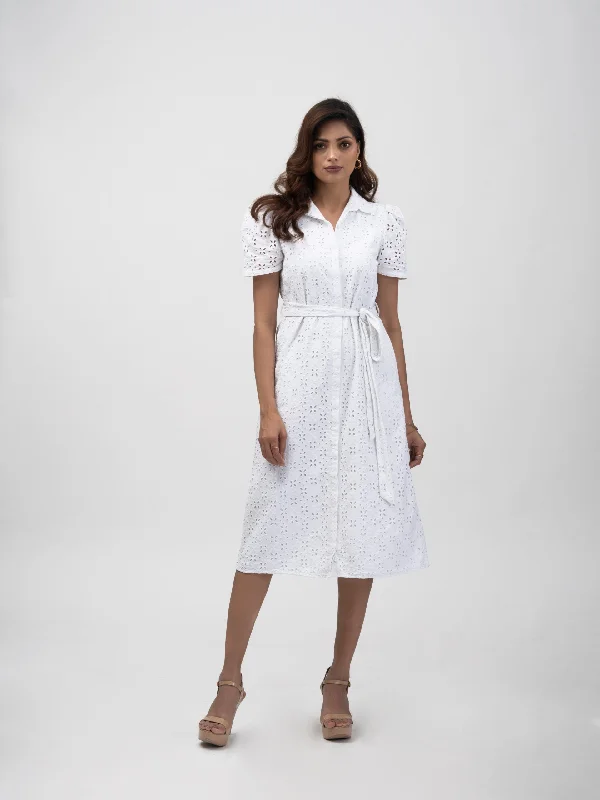 Lace - Embellished Women Dress for an Elegant and Sophisticated AppearanceWhite 100% Cotton Women's Workwear shirt dress