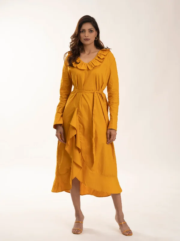 Halter Neck Women Dress to Show Off the Shoulders and NecklineMustard Yellow Knee length 100% cotton frill dress