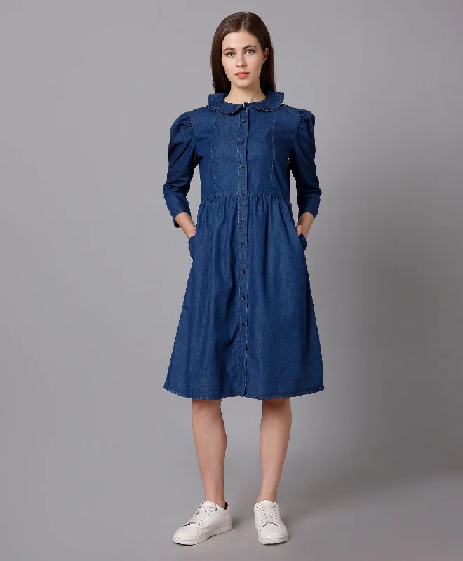 Lace - Embellished Women Dress for an Elegant and Sophisticated AppearanceCotton Denim Dress with Puff Sleeves