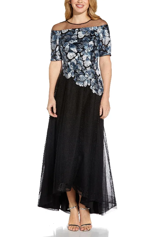 Maxi Women Dress with Floral Print for a Bohemian VibeAdrianna Papell AP1E208899 Short Sleeve Formal A-Line High Low Hem Mesh Dress