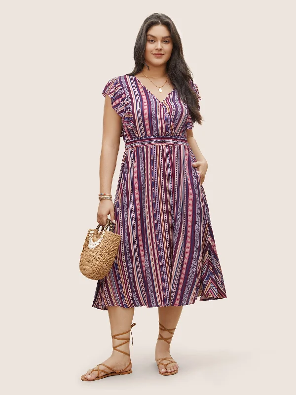 Mini Women Dress with a Short Hem for a Young and Trendy StyleBandana Print Wrap Ruffle Cap Sleeve Dress