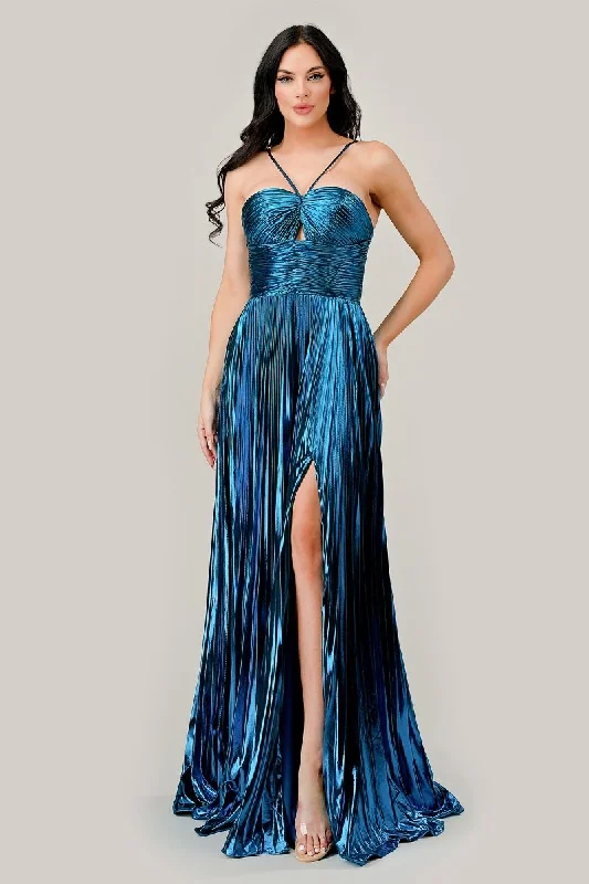 Strapless Women Dress with a Built - in Bra for Comfort and SupportCinderella Divine C153 Long Pleated Metallic Formal Prom Dress