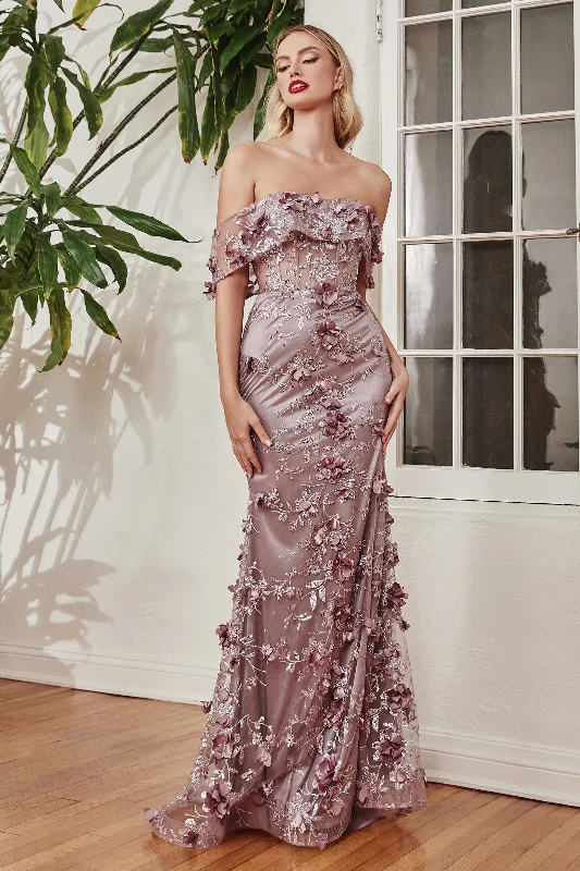 Backless Women Dress for a Sexy and Alluring Look at Evening EventsCinderella Divine J832 Long Floral Fitted Long Prom Dress Mauve