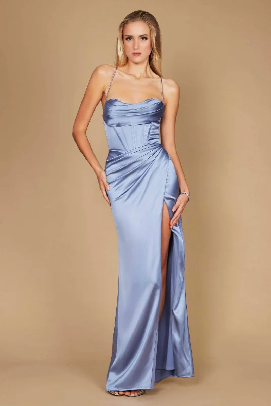 Long - Sleeve Women Dress in Velvet for a Luxurious Winter LookDylan & David Draped Corset Cowl Long Prom Dress Periwinkle Blue