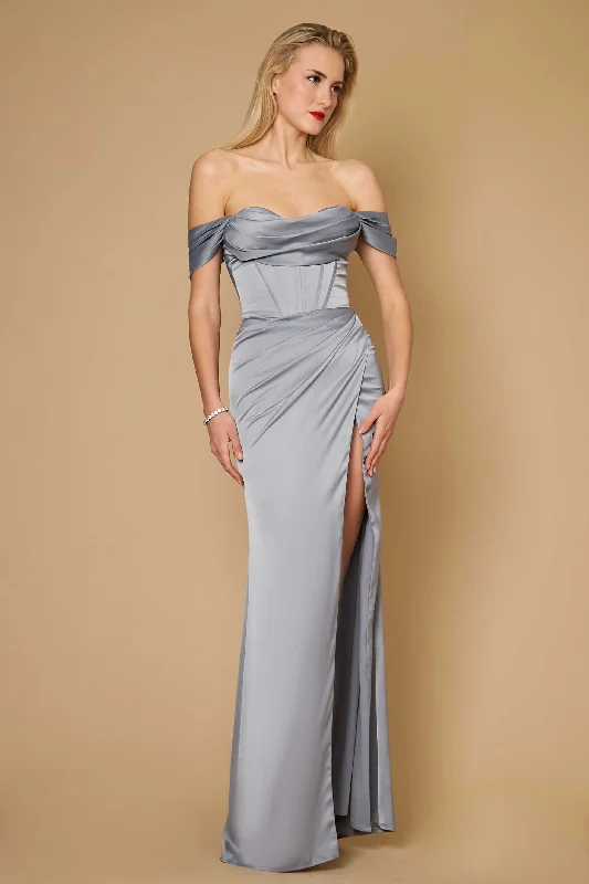 Strapless Women Dress with a Built - in Bra for Comfort and SupportDylan & Davids Long Formal Corset Satin Evening Dress Silver