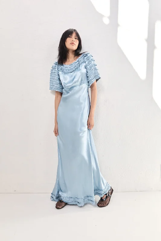 Ruffled Women Dress with Multiple Layers for a Playful and Girly StyleFreja Satin Maxi Dress Sky