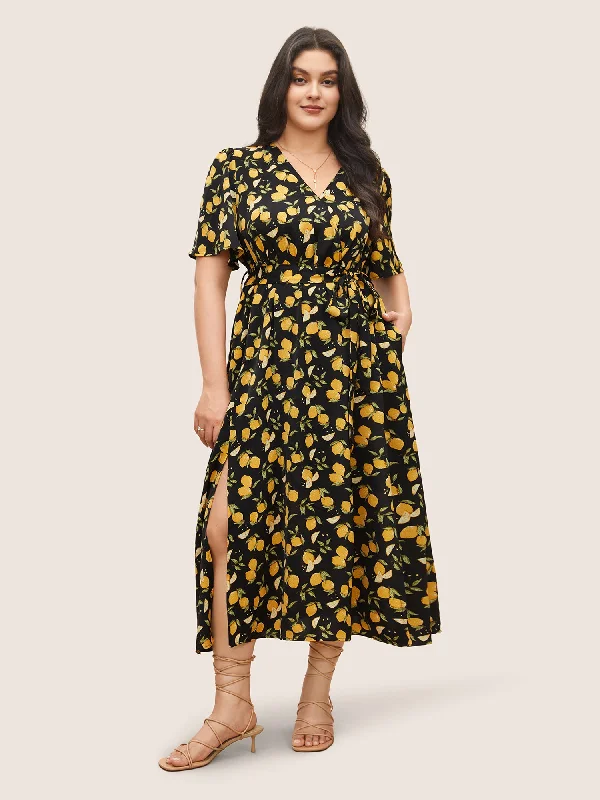 Mermaid - Style Women Dress with a Fitted Silhouette for Special OccasionsCitrus Lemons Print Belted Surplice Neck Split Side Dress