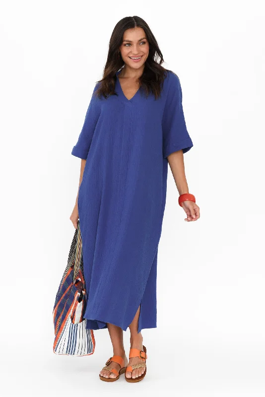 Ruffled Women Dress with Multiple Layers for a Playful and Girly StyleJuniper Cobalt Cotton Cheesecloth Dress