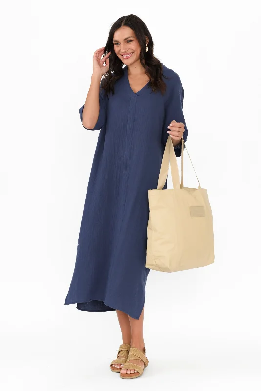 Shift Women Dress with a Simple and Classic Design for Everyday WearJuniper Navy Cotton Cheesecloth Dress