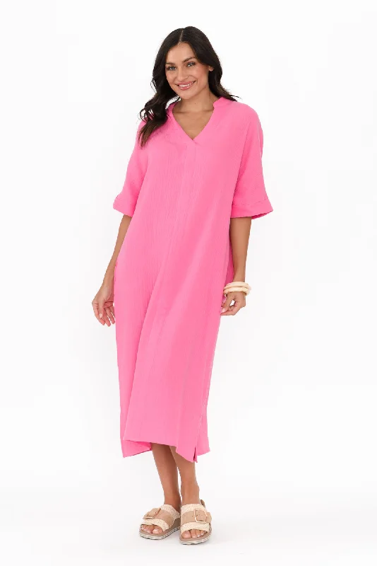 Plus Size Women Dress with a Flattering A - Line Cut for Comfort and StyleJuniper Pink Cotton Cheesecloth Dress