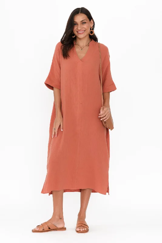 Pleated Women Dress with a Timeless and Elegant TextureJuniper Rust Cotton Cheesecloth Dress