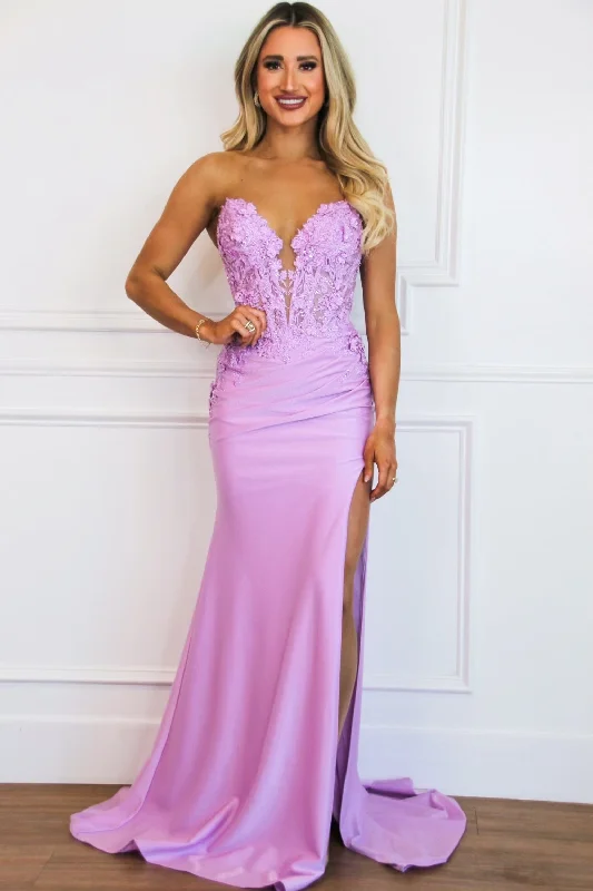 Ruffled Women Dress with Multiple Layers for a Playful and Girly StyleKarter Lace Bustier Shimmer Strapless Slit Formal Dress: Lavender