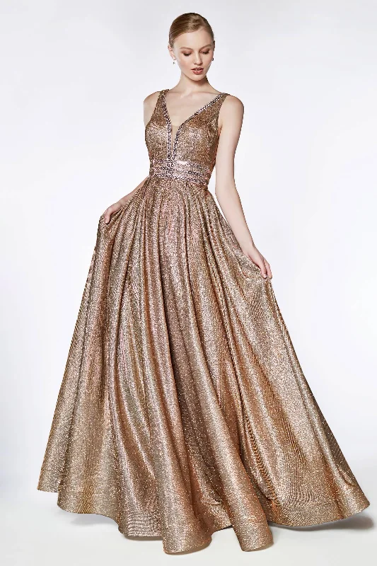 Pleated Women Dress with a Timeless and Elegant TextureCinderella Divine CJ505 Long Metallic Formal Prom Dress Ball Gown