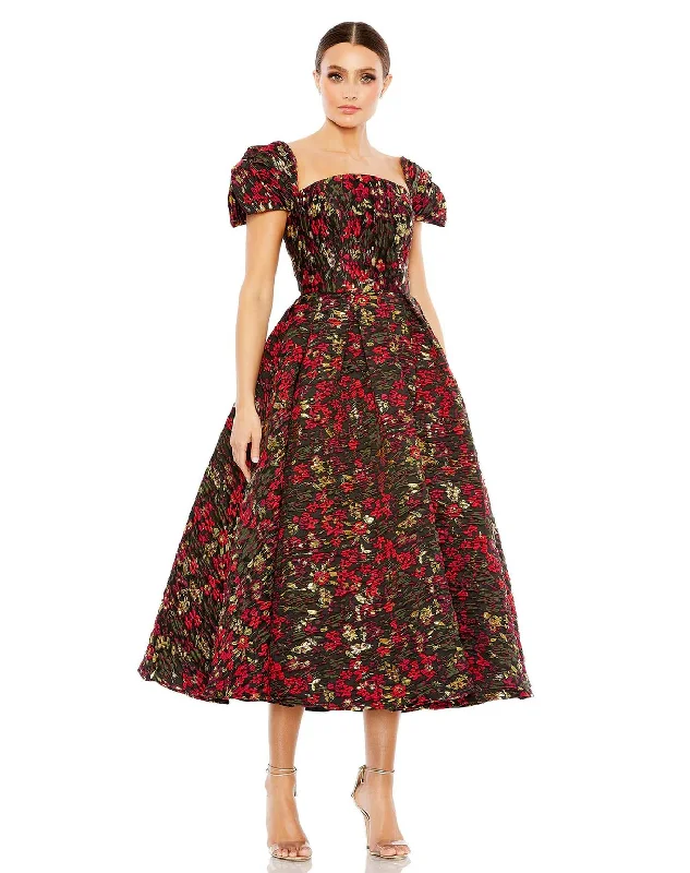 Strapless Women Dress with a Built - in Bra for Comfort and SupportMac Duggal 11611 Floral Brocade Cap sleeve Tea Length Dress