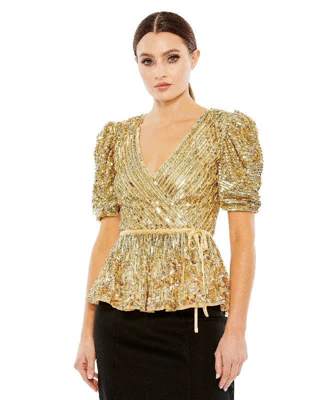 Off - the - Shoulder Women Dress for a Romantic and Feminine LookMac Duggal R5694 Formal Beaded Sequin Short Sleeve Top