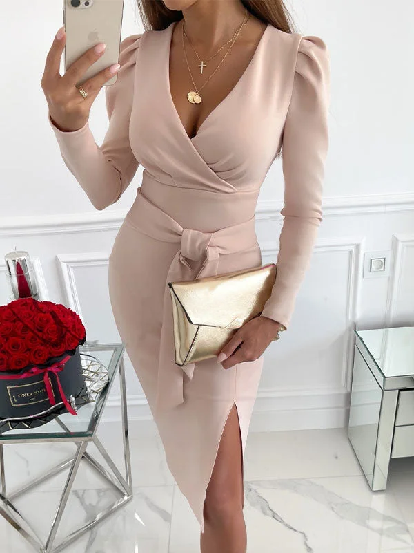 Mini Women Dress with a Short Hem for a Young and Trendy StyleSplit Long Sleeve Wrap Midi Dress