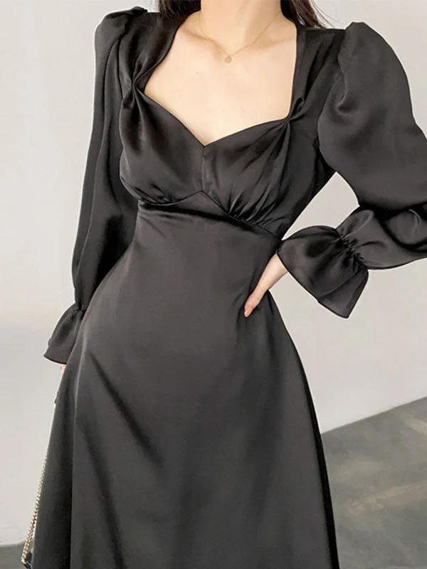 Wrap - Style Women Dress with Adjustable Fit for All Body TypesSatin Puff Sleeve Midi Dress