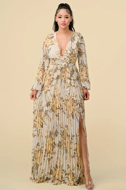 Pleated Women Dress with a Timeless and Elegant TexturePrinted Long Sleeve Pleated Maxi Dress